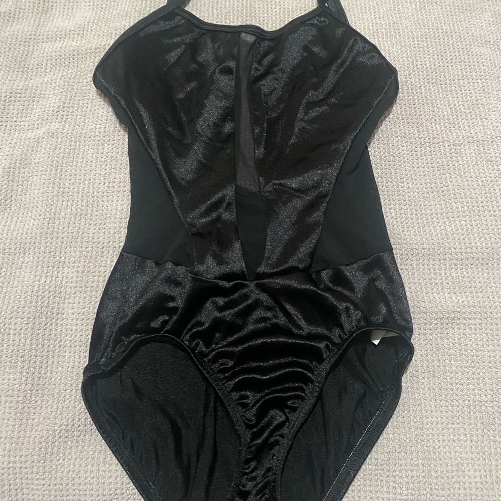 Double Platinum black satin cross back dance leotard with side/back mesh. AXS